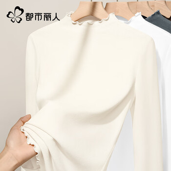 Urban beauty wooden ear trim long sleeve t-shirt for women 2025 new winter liner with velvet warm liner with half turtle collar women's bottoming shirt
