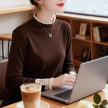 Fabric story luofen flagship store women's fashionable and versatile german velvet lace half turtleneck bottoming top bottoming shirt winter new model coffee color 2xl