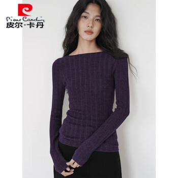 Pierre cardin old money style grape purple knitted t-shirt bottoming shirt for women autumn and winter slim long-sleeved word-neck sweater purple top purple s 80-95 catties