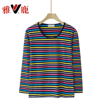 Yalu middle-aged and elderly women's long-sleeved t-shirt mother's autumn cotton striped shirt top spring and autumn round neck sweater bottoming shirt purple l 75-110 catties