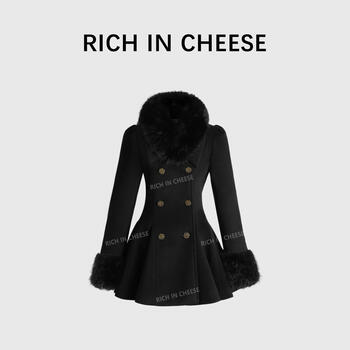 Rich in cheese shu hulei, a well-known daughter, fur collar double-breasted quilted woolen coat for women, winter waist slimming fashionable coat, black (fur collar and cuffs are detachable) s (within 100 pounds)