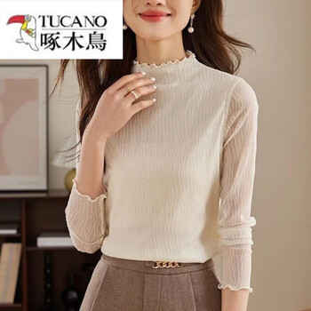 Woodpecker (tucano) textured lace slim-fit stretch bottoming shirt for women 2025 autumn new lace half-high collar with long-sleeved t-shirt top cream apricot m