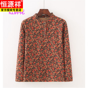Hengyuanxiang middle-aged and elderly autumn and winter semi-turtle collar velvet top m mom's floral small shirt grandma plus velvet thickened bottoming shirt red floral xl recommended 90-105 pounds