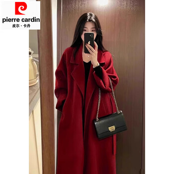 Pierre cardin sicilian red double-sided cashmere coat women's mid-length autumn and winter new wedding toast wear wool woolen coat burgundy s 85-135 jin