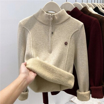 Yu zhaolin (yuzhaolin) one-piece velvet zipper half turtleneck sweater for women plus velvet thick bottoming shirt 2025 autumn and winter new style knitted sweater inner top