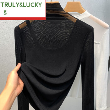 Truly&lucky mesh splicing high collar bottoming shirt for women in spring and autumn, can be worn outside and inside with semi-transparent tops, new style small shirts for women, black 3xl, recommended 140-150 pounds