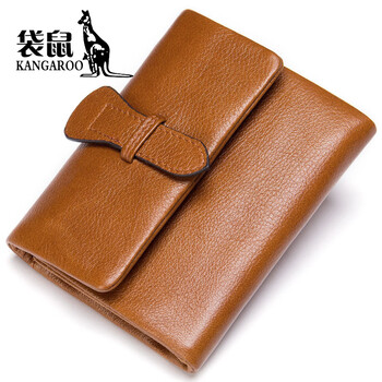 Kangaroo new wallet women's genuine leather short women's wallet multiple card slots credit card bag retro cowhide drawstring money clip brown