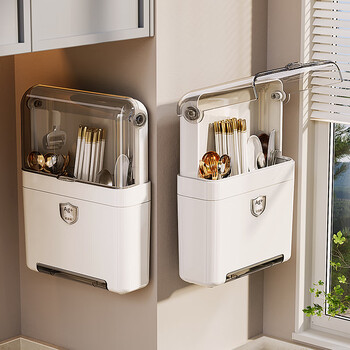 Centenary zhenghe chopstick storage box kitchen chopstick tube kitchen storage rack wall-mounted household drain spoon bucket chopstick cage antibacterial style ivory white dustproof cover + drain tray + non-marking adhesive