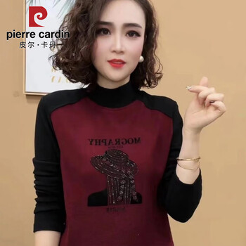 Pierre cardin middle-aged mom autumn and winter new style german velvet exquisite stitching letter printing fashionable warm temperament women's bottoming shirt trendy burgundy l 105-120 pounds