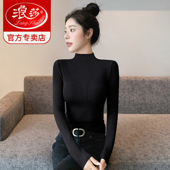 Langsha half turtleneck bottoming shirt for women 2025 new autumn and winter with velvet high-end slim fit thin knitted black top black half turtleneck m suitable for 91-102 pounds