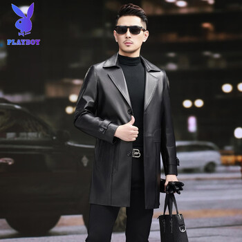 Playboy (playboy) spring and autumn new men's genuine leather jacket mid-length windbreaker business casual temperament jacket korean slim coat black xl 115 jin-130 jin