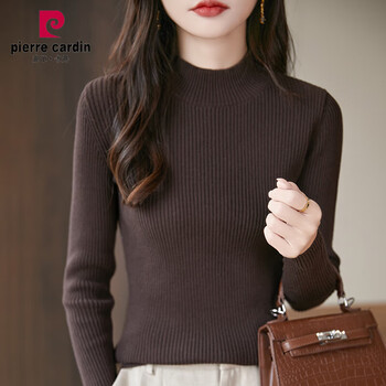 Pierre cardin non-pilling knitted sweater 2024 autumn and winter women's slim-fitting half turtleneck cotton bottoming shirt top, brown l