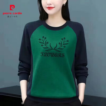 Pierre cardin cotton long-sleeved t-shirt for women new style mother's wear loose printed round neck fashionable thin large size bottoming shirt top trendy green pattern m 90-100 pounds