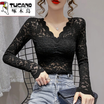 Woodpecker high-end v-neck lace bottoming shirt for women 2025 spring new small shirt with velvet inner long-sleeved mesh top for women black garib l 110-120