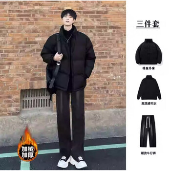 Lirengui american trendy brand stand-up collar cotton suit men's thickened winter handsome bread coat cotton jacket men's three-piece set black + turtleneck sweater black + jeans plus velvet xl