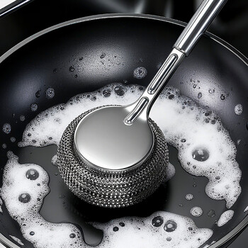 Added stainless steel pot brush, kitchen special pot washing steel ball brush, long handle dishwashing cleaning brush, pot brushing artifact does not shed wires
