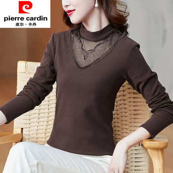 Pierre cardin 2025 autumn and winter double-sided stretch german velvet bottoming shirt half turtle collar fashionable western style hollow lace versatile warm top brown (double-sided german velvet) m 85-100