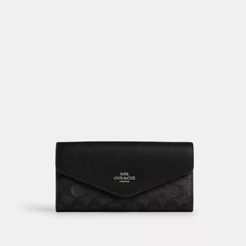 Coach women's long wealth cloth multi-card slot storage independent coin bag snap button closure external pocket black coated canvas charcoal/black