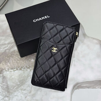 Chanel (chanel) second-hand 95 new chanel (chanel) pebbled leather wallet card holder black gold