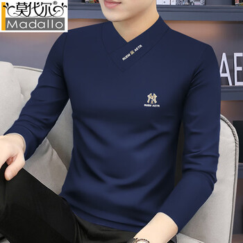 Modal men's v-neck long-sleeved t-shirt men's bottoming shirt autumn and winter slim fit velvet warm top young and middle-aged autumn clothes winter thin style navy l 120-135 catties