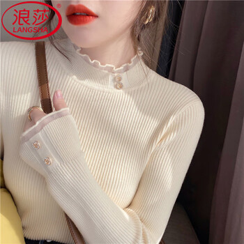 Langsha bottoming shirt for women 2025 autumn and winter new style half turtleneck lace plus velvet sweater korean style slim fit warm top apricot lace sparkling diamond-light and warm spring and autumn style one size fits all recommended 90-130 pounds