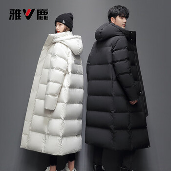 Yalu down jacket for men and women, winter knee-length, thickened, cold-resistant and warm duck down, fashionable hooded couple jacket