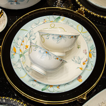 Jie yajie complete set of bowls, plates and tableware 2025 new light luxury new bone china tableware set housewarming gift 52 heads fragrant courtyard