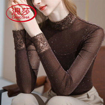 Langsha half turtle neck mesh bottoming shirt for women 2025 spring and autumn long sleeve t-shirt stitched lace feminine top brown (no velvet) m