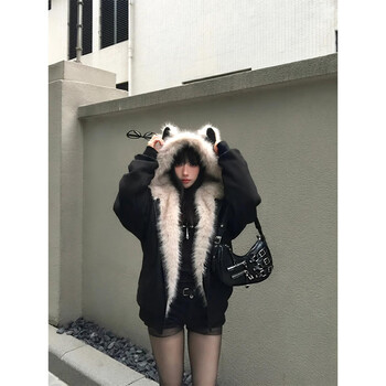 Harudi mountain carved fur collar cat ears cotton coat for women 2025 winter new cleanfit warm top coat cotton coat black m (90-105 catties)