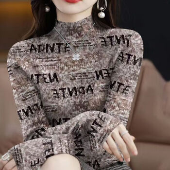 German velvet half turtleneck bottoming shirt for women in autumn and winter 2025 new inner long-sleeved t-shirt plus velvet style top, brown letters, half turtleneck long sleeves xl 105kg-115kg