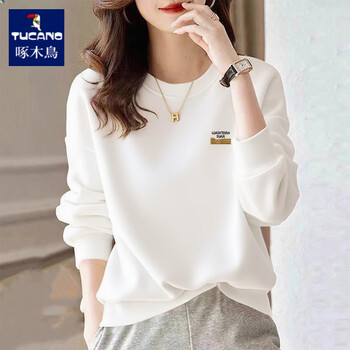 Woodpecker 2025 autumn and winter new round neck right shoulder sweatshirt women's white casual pullover bottoming shirt warm and fashionable cotton top white spring and autumn style (right - letter label) m recommended under 100 pounds