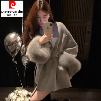 Pierre cardin detachable fox fur lace double-sided cashmere wool coat for women 2025 winter new small woolen coat gray xs