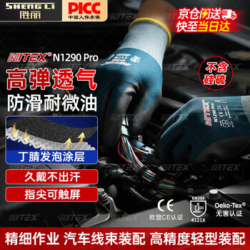 Shengli nitex labor protection gloves, work dipped gloves, non-slip, micro-oil resistant, nitrile-coated, highly elastic, breathable, automotive wiring harness, fine work, high-precision assembly gloves, n1290 pro m size