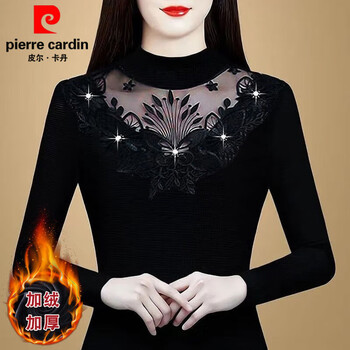 Pierre cardin (pierre cardin) beautiful mesh lace bottoming shirt for women with velvet warm long-sleeved autumn and winter clothing new style noble mother m fashion style black velvet style thickened m suitable for 90 catties-100 catties