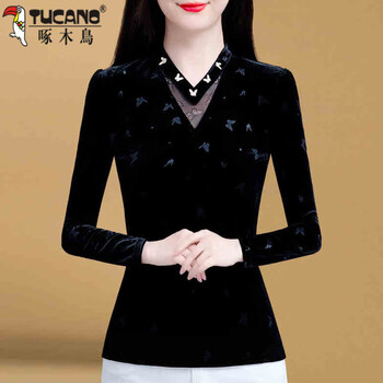 Woodpecker autumn and winter style gold velvet long-sleeved bottoming shirt for women new korean version slim v-neck shirt plus velvet jacquard top for women black without velvet xl 110-119 pounds