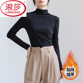 Langsha half turtleneck black bottoming shirt for women, pure cotton spring and autumn long-sleeved t-shirt, white slimming and versatile top, black (thickened with velvet) s 70~90 catties