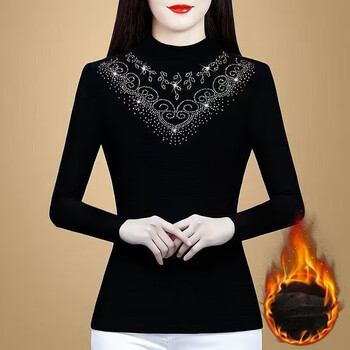 Orchid half turtleneck bottoming shirt for women in autumn and winter fashionable lace shirt for women with long sleeves, slim fit, versatile and versatile, inner wear and outer wear bottoming shirt 378 black plus velvet 4xl suitable for 145-160 pounds