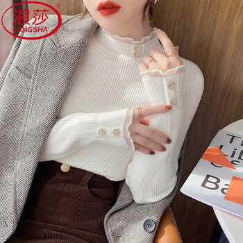 Langsha bottoming shirt women's 2025 autumn and winter new half turtle collar lace plush sweater korean slim fit warm top white lace sparkling diamond-light and warm spring and autumn style one size recommended 90-130 jin