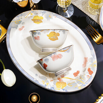 Hechuanwu bowls, plates and tableware set 2026 new light luxury new bone china tableware set housewarming gift 62 pieces lanxiang yashi