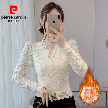 Pierre cardin plus velvet and thickened temperament v-neck lace bottoming shirt for women 2026 autumn and winter new slim fit inner long-sleeved top apricot plus velvet style sleeves without velvet xl