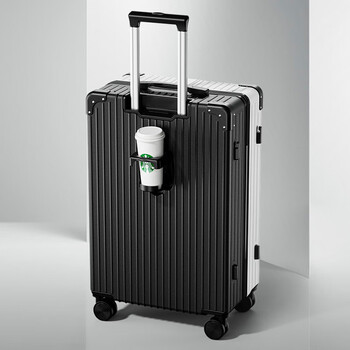 Luggage suitcase for men, large-capacity leather suitcase, universal wheel trolley case, retro high-looking password box, classic 001 black + white, multi-function charging cup holder, 22 inches, no side lift hook
