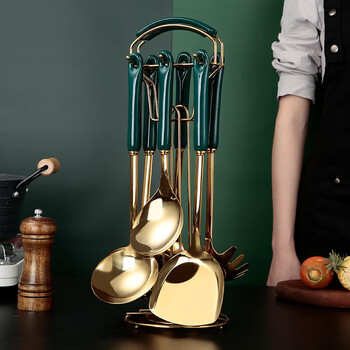 Shantou lincun nordic light luxury style kitchenware emerald ceramic anti-scald handle full set of soup spoon shovel spoon cooking kitchen utensils emerald-gold-seven-piece set (six-piece set + stand)