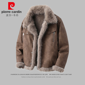 Pierre cardin fur integrated men's winter large size velvet thickened leather jacket double-sided leather jacket loose lambswool jacket khaki xl 140-160 pounds