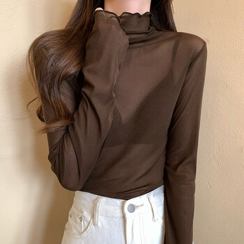 Yalu half-high collar fungus long-sleeved mesh t-shirt women's early autumn new top 2025 autumn thin slim fit bottoming shirt coffee color one size
