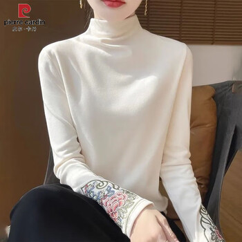 Pierre cardin autumn and winter half turtle collar german velvet bottoming shirt for women retro ethnic style long sleeve chinese t-shirt national style embroidery warmth 2026 apricot solid color xl 115-130 jin
