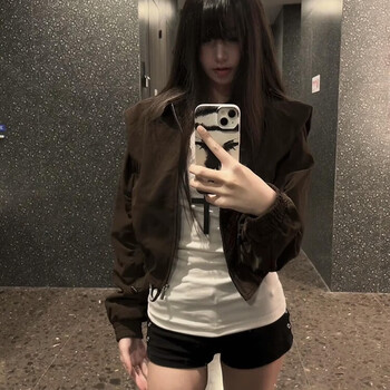 Guiqi autumn jacket women's 2025 new korean high-quality small early autumn jacket maillard casual top dark brown m (recommended 85-115 catties)