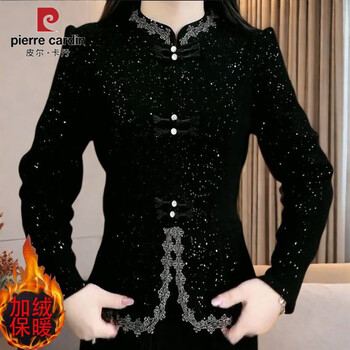 Pierre cardin new chinese style national style bottoming shirt with double buttons and velvet gold stamping long sleeve shirt for women fashionable and slim belly covering top with velvet-double buttons black thickened xl recommended 85-105 jin
