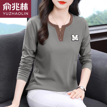 Yu zhaolin spring and autumn pure cotton bottoming shirt women's 2025 autumn and winter middle-aged mother long-sleeved t-shirt large size fat mm flesh-covering top gray m (recommended 85-110 pounds)