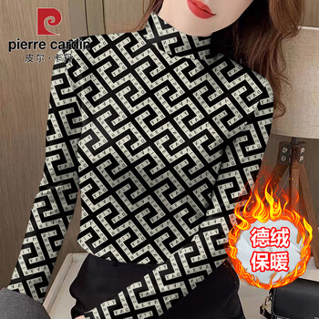 Pierre cardin autumn and winter women's fashionable german velvet bottoming shirt new warm half-high collar middle-aged and elderly slim top printed bottoming e70 large grid s letter xl recommended 105-120 pounds