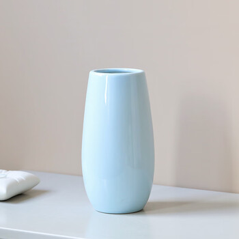 Jubei nordic style ceramic vase ornaments, living room entrance hall fake flowers, artificial flowers, porcelain flower arrangements, water-growing decorative flower vessels, bright glaze, light blue small size (about 20 cm high), size reference details